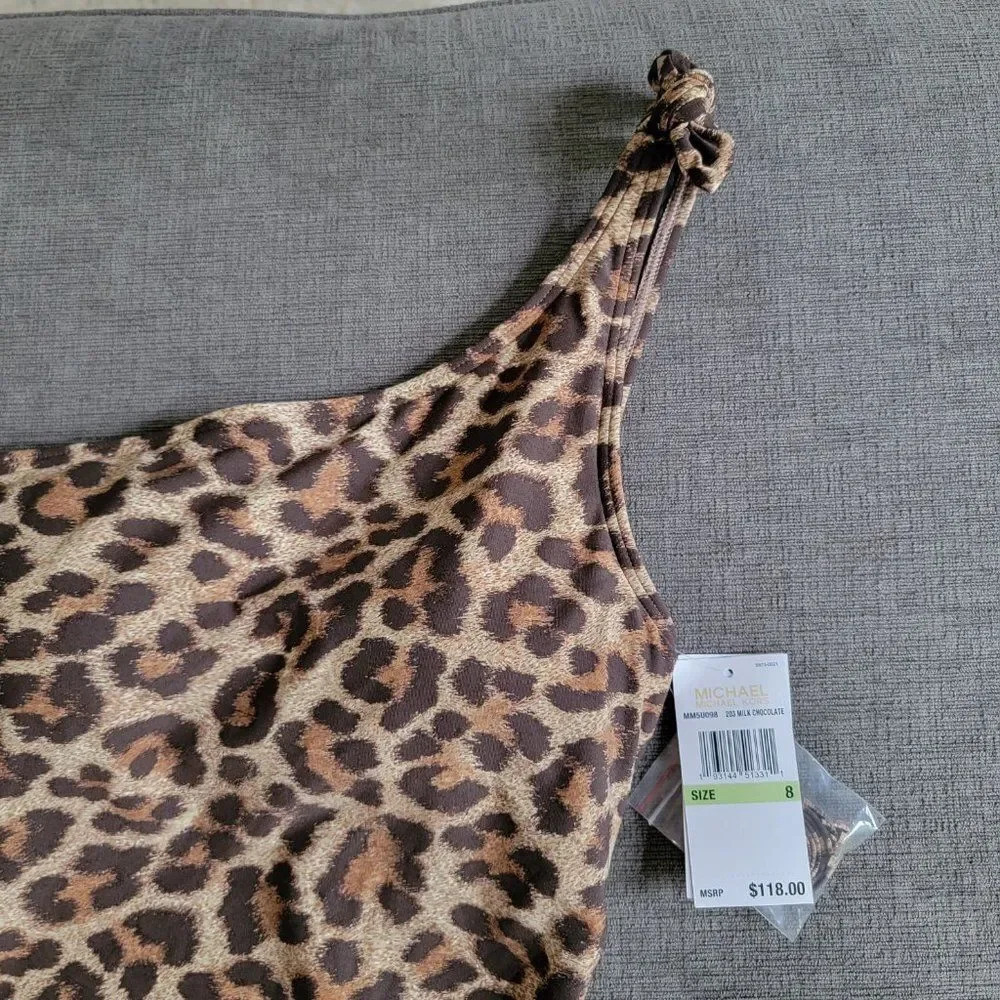 Michael Kors Women's Tan & Brown Leopard Print One Shoulder Swimsuit Size 8 - Picture 6 of 16